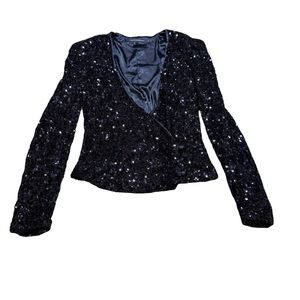 ✨‎ French Connection Sequin Cropped Blazer Jacket Midnight Blue Size 6 ✨
